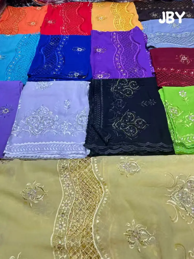 Soft Luxury Scarf High Quality 100% Cotton Dubai African Women Islamic Scarf  pattern Embroidery Chemical Lace Scarf  manycolor