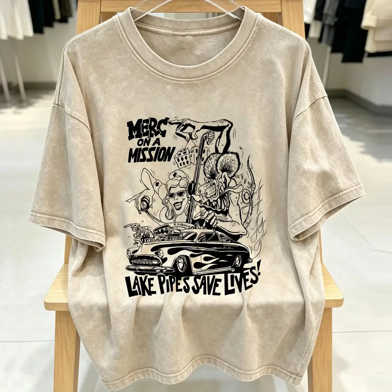 washed T Shirt Rat Fink Merc On a Mission Hot Rod L vintage Washed graphic Breathable homme Slightly fashion Versatile Casual