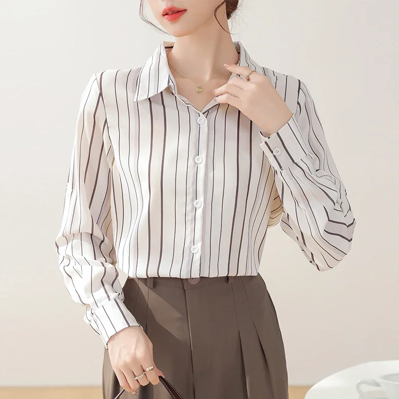 New Turn Down Collar Women Shirt Striped Long Sleeve Chiffon Shirt Blouse Women Tops Camisas Blusa Blusas Camisas De Mujer M302