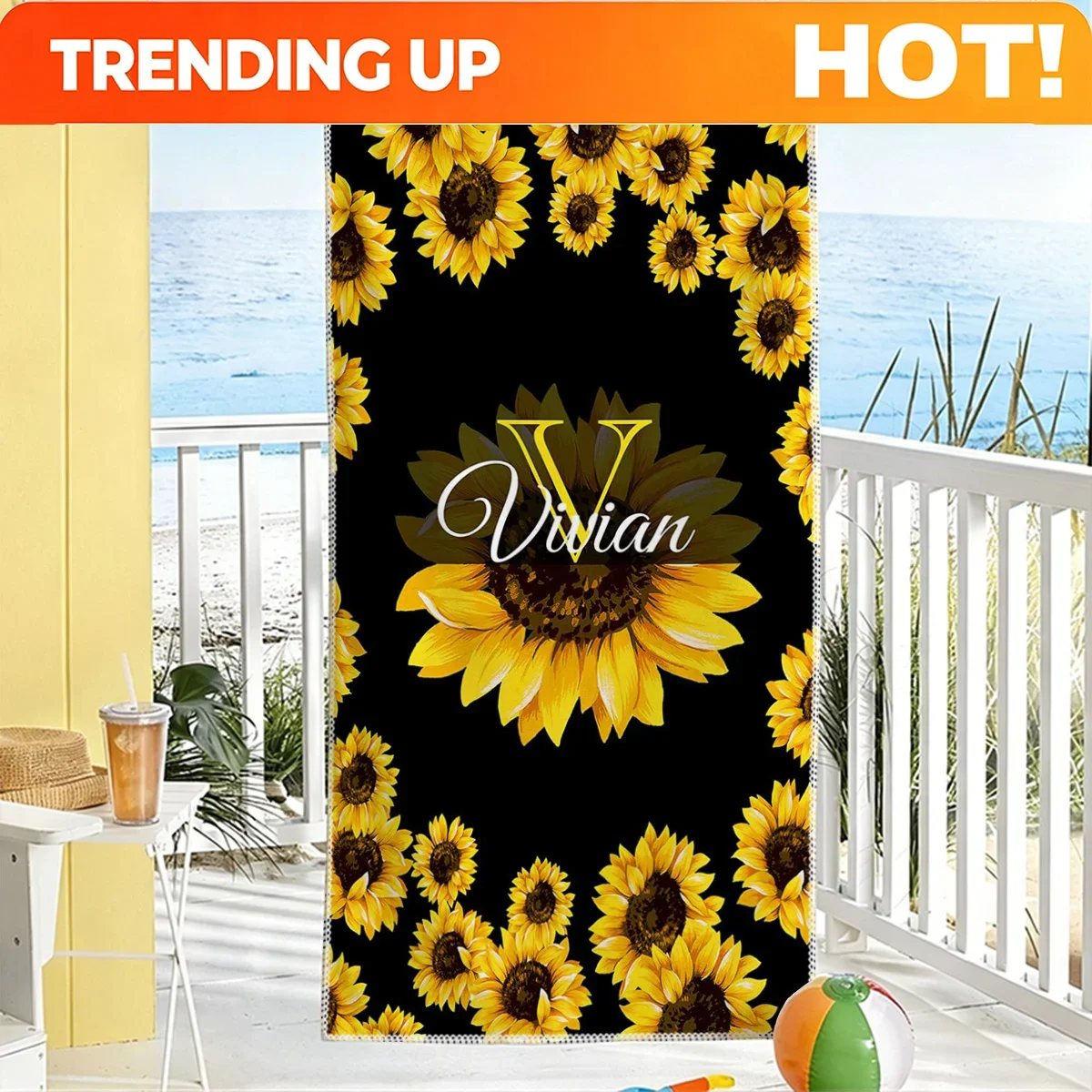 Custom Sunflower-Themed Beach Towel, Customizable Letter/Name, Quick-Drying And Non-Fading Seaside Bath Towel, Suitable For Swim