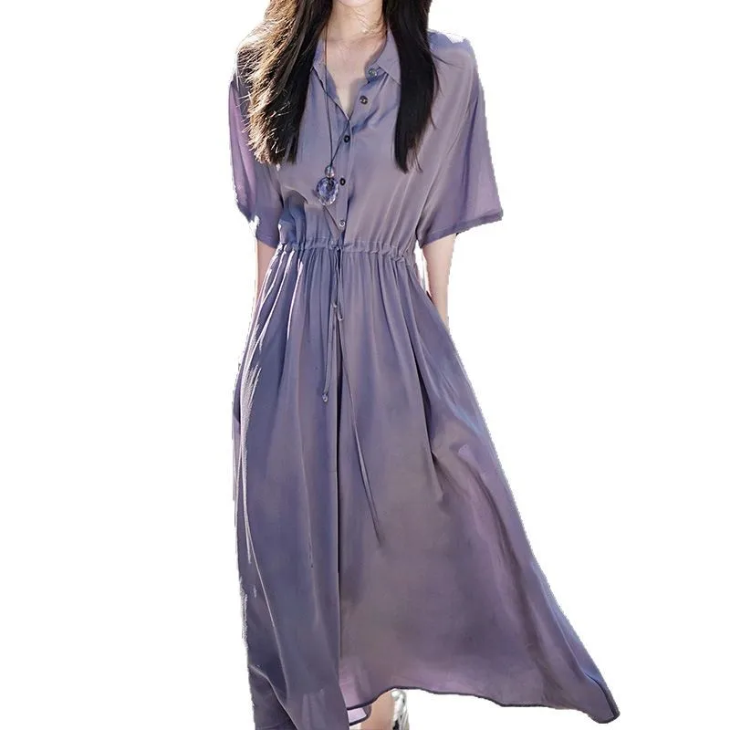 Seidenhemdkleid Hochwertiger kurzärmliger langer Rock Hangzhou Damen Sommer