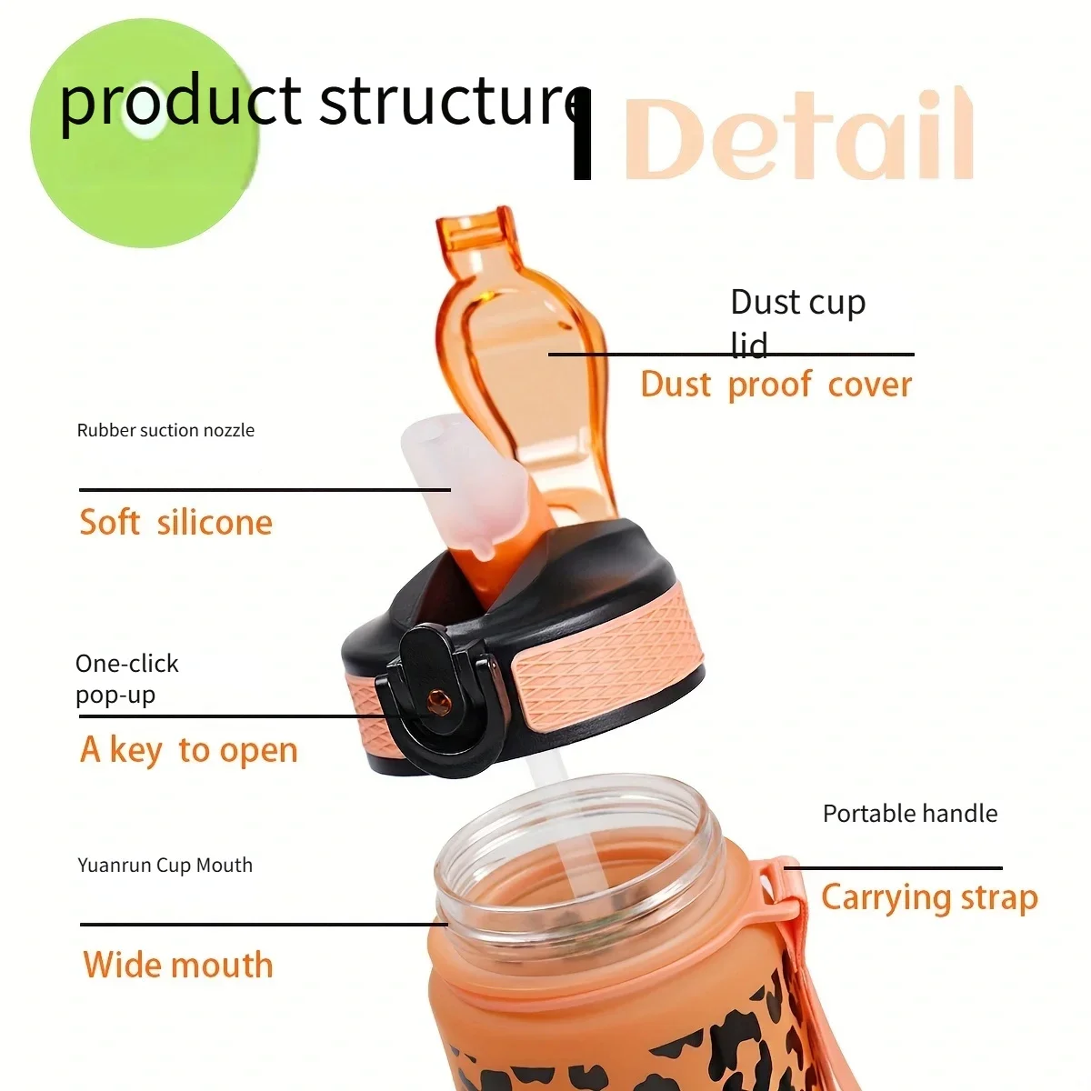 JIRO 1L Leopard print Water Bottle with Straw High Quality Tour Hiking Portable My Favorite Drink Bottles