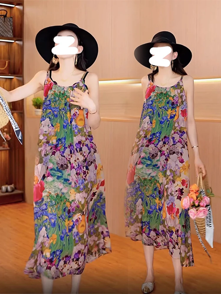 Elegancka letnia spódnica w kwiatowy wzór na cienkich ramiączkach, damska, do pracy, przeciwstarzeniowa, koreańska, luźna, z elastyczną talią, oddychająca, w kształcie litery A...