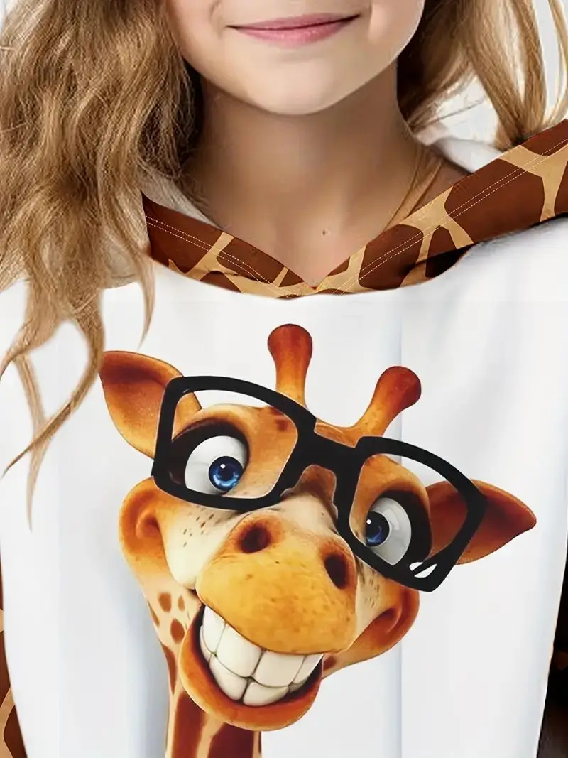 Autumn Best-selling Funny Glasses Giraffe 3D  Print Childrens Pullover  Cute Lively Sporty  Hooded Sweatshirt For Boys and Girls