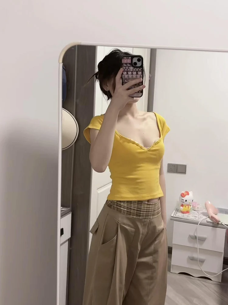 

Желтая футболка Slim Fit ort Sve V-Ne, женская летняя дизайнерская футболка Sensual ort Sle Cotton Moisture ng Commute Sle