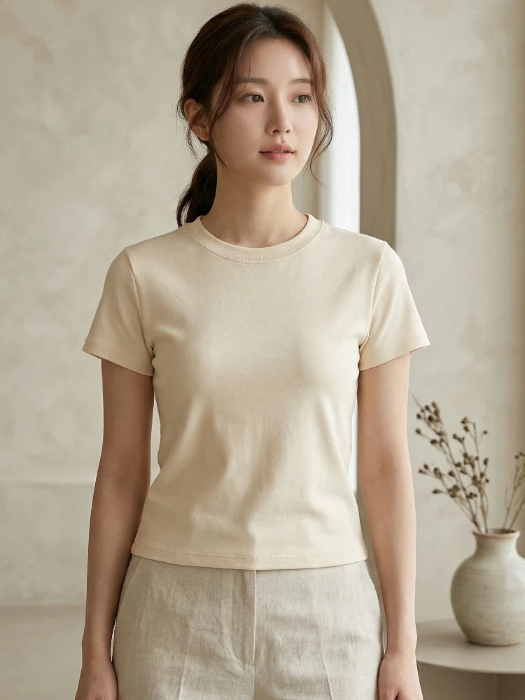 2026 Spring Summer Women's T-shirt Trendy Slim Fit Short Sleeve O-neck Cotton Tops Korean Harajuku Streetwear Casual Tee
