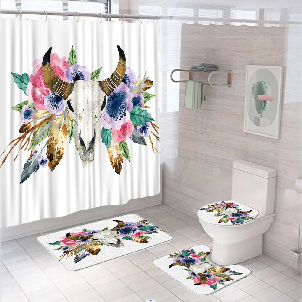 Colorful Boho Cow Skull Shower Curtain Set Sunflower Flower Feathers Buffalo Bohemia Bathroom Curtains Bath Mat Rug Toilet Cover