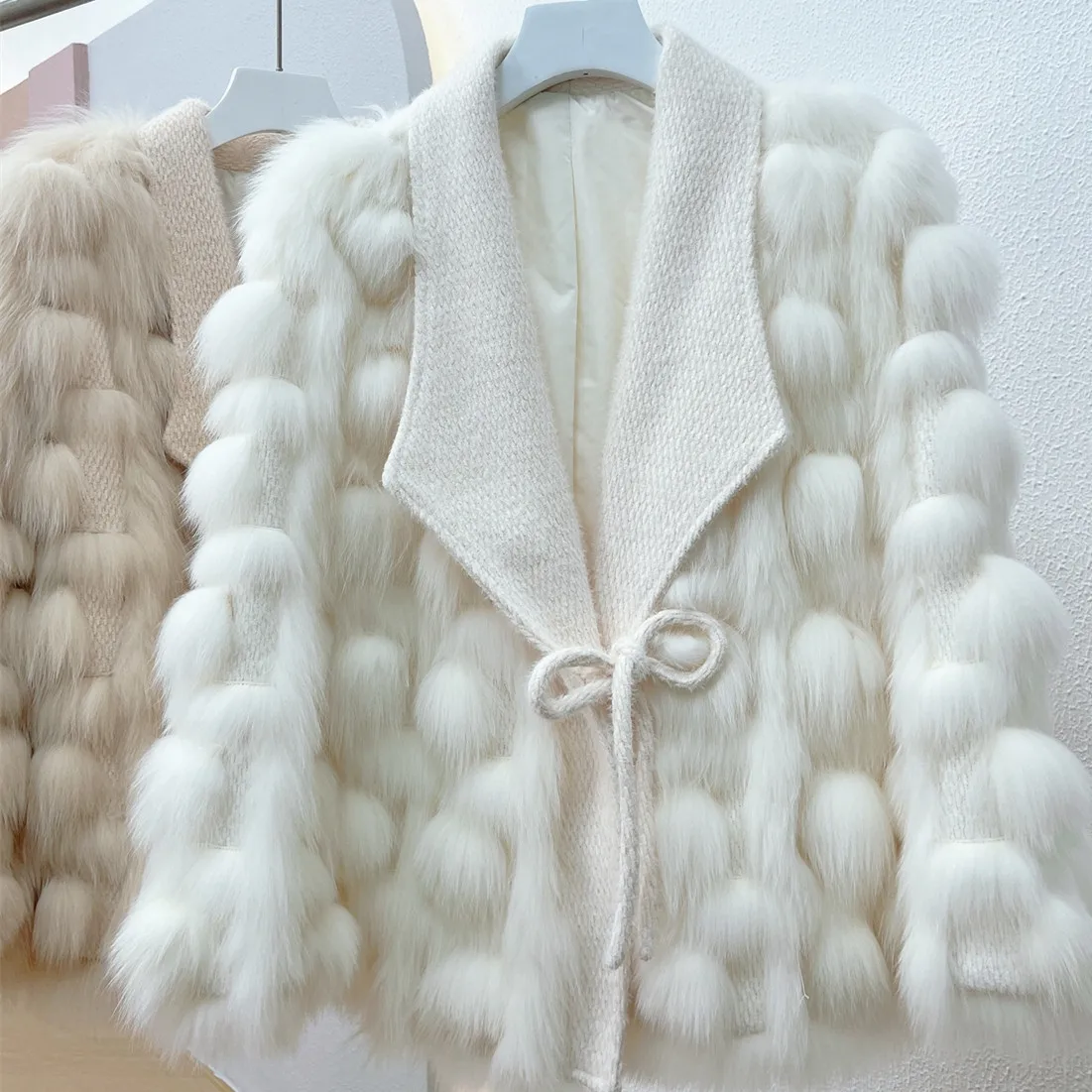 White fox hair + woven knitted sweater