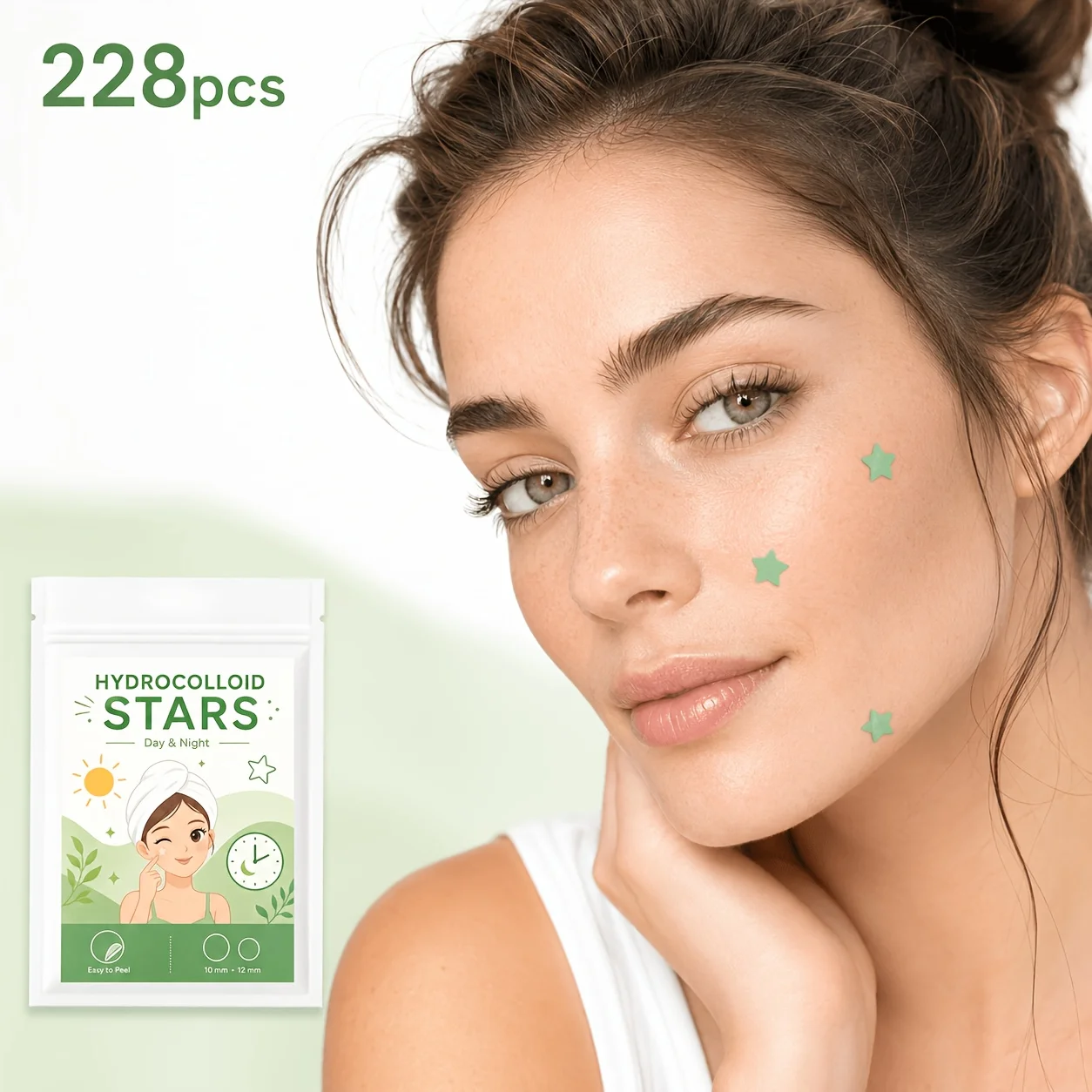 228PCS Hydrocolloid Pimple Patches, Green Star & Clear Round Face Stickers for Men Women, Day Night Party Use