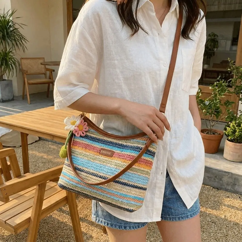 

New Rainbow Striped Straw Tote Bag Polyester Large Capacity Woven Shoulder Bag Adjustable Strap Zip Closure Knit Hobo Bag Travel
