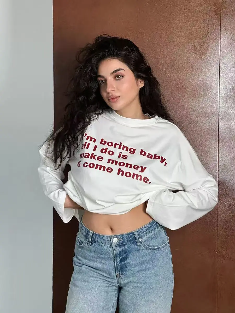 White Red Letter Printing Simple Design Long Sleeve T Shirt Women Sweatshirt O Neck High Street American Fashion Tshirts Autumn