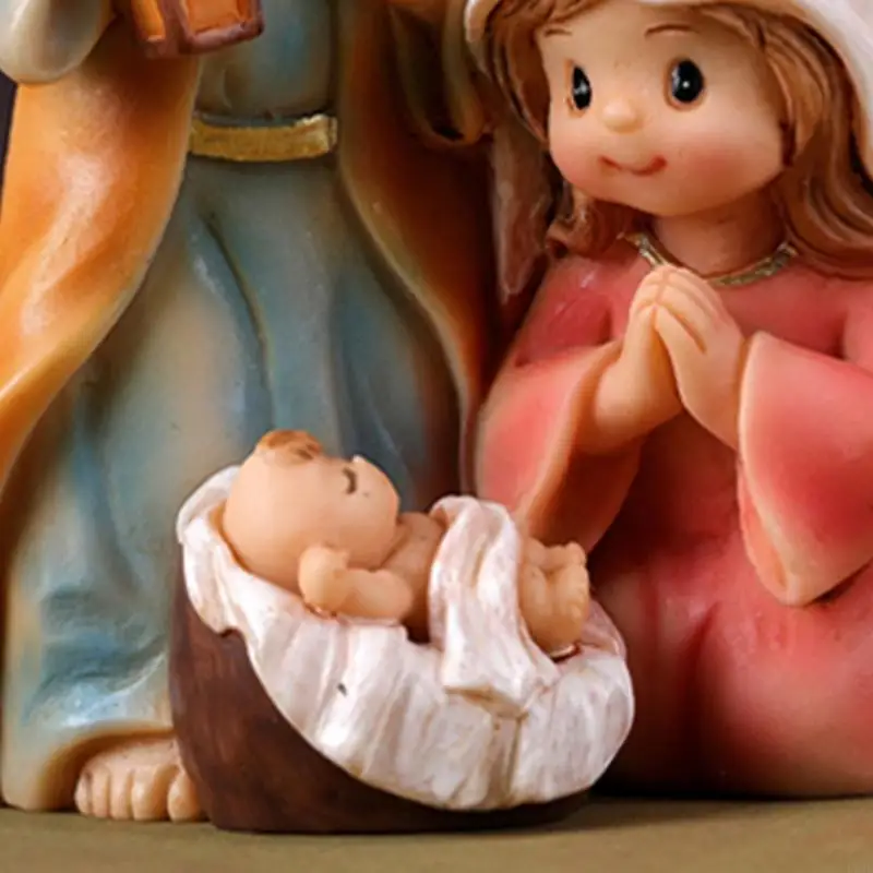 L9BE Cartoon Miniature Nativity Scene Statue Religious Home Decors Resins Holy Family Figurine For Christmas Celebration