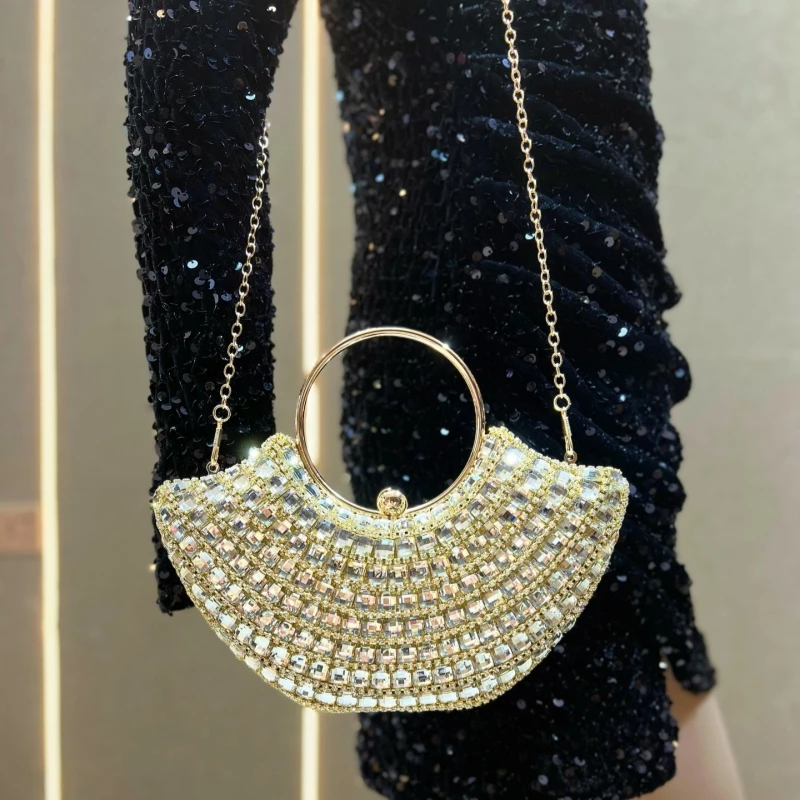 

Luxury Women's Diamond Evening Clutch Bag Metal Ring Handle Ladies Rhinestone Purses and Handbags Bridal Wedding Party
