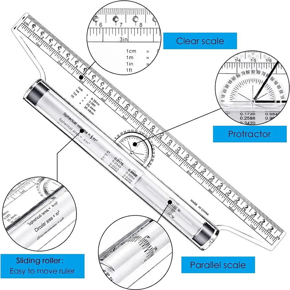1pc 15cm Plastic Measuring Rolling Ruler Multifunctional Drafting Ruler Drawing Design Ruler for Measuring Drawing Tool