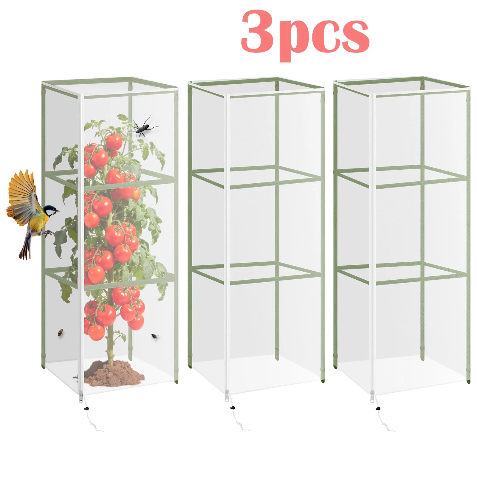 3Pcs Garden Bird Netting Plant Cover Breathable Plant Insect proof Mesh Cover with Zipper & Drawstring Fine Mesh Tomato Cage Net