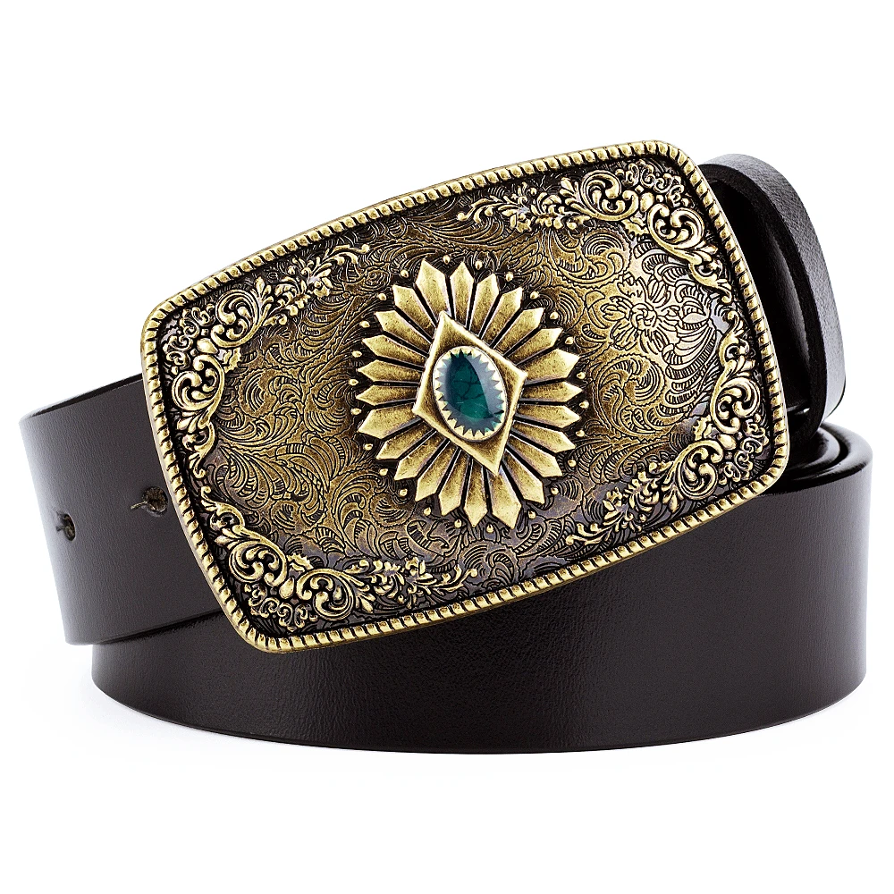 

Classical Silver Carved Flower Pattern Buckle Enamel Sapphire Genuine Leather Belt For Women Men Belts Gift