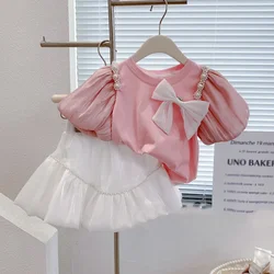 Summer Girls' Clothing Sets Bow Streamer Pearl Stitching Short-Sleeved Tutu Skirt Fashion Baby Kids Outfit Children Clothes Suit