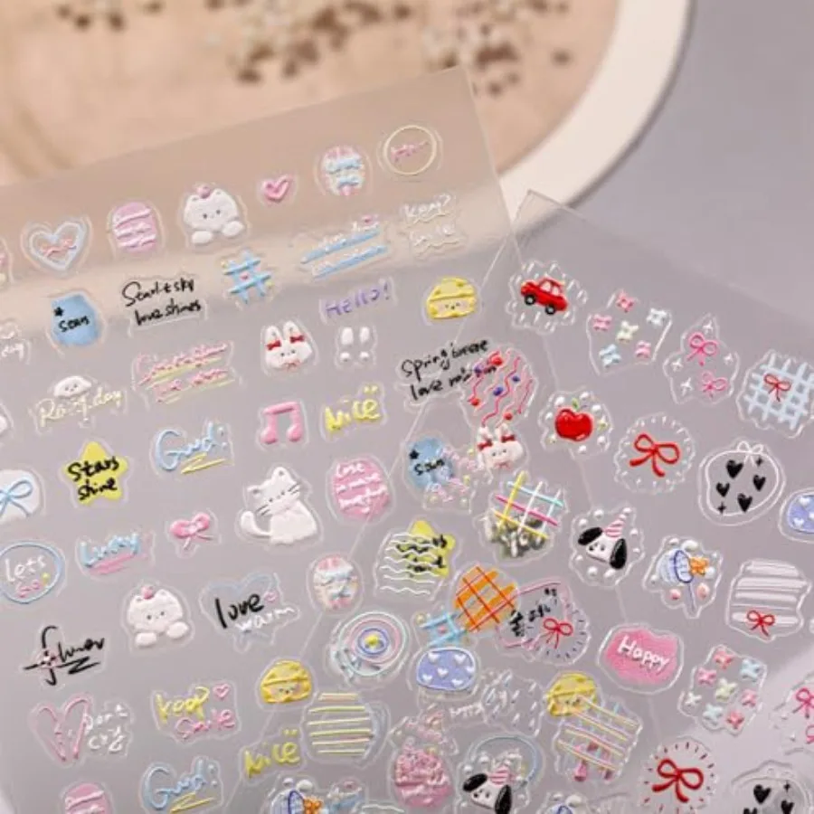 5D Nail Stickers Cute Musical Cat Graffiti Grid Dog Nail Art Charms Raised Embossed Design Self-Adhesive 4Pcs for DIY Nail Art