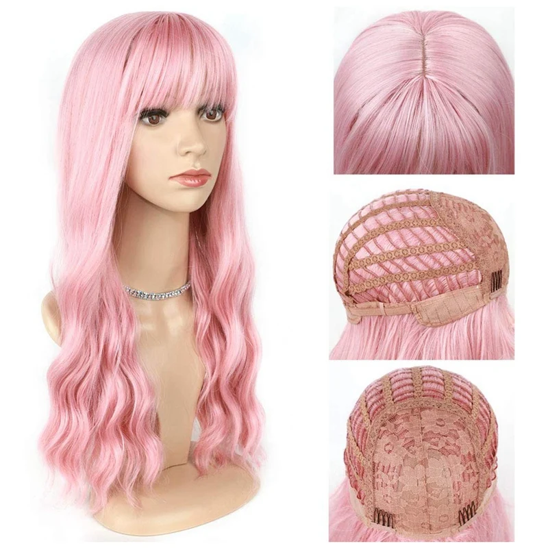 Pink Wig With Bangs Long Wavy Wig With Air Bangs Silky Full Heat Resistant Wig Hair Replacement Natural Looking Wig