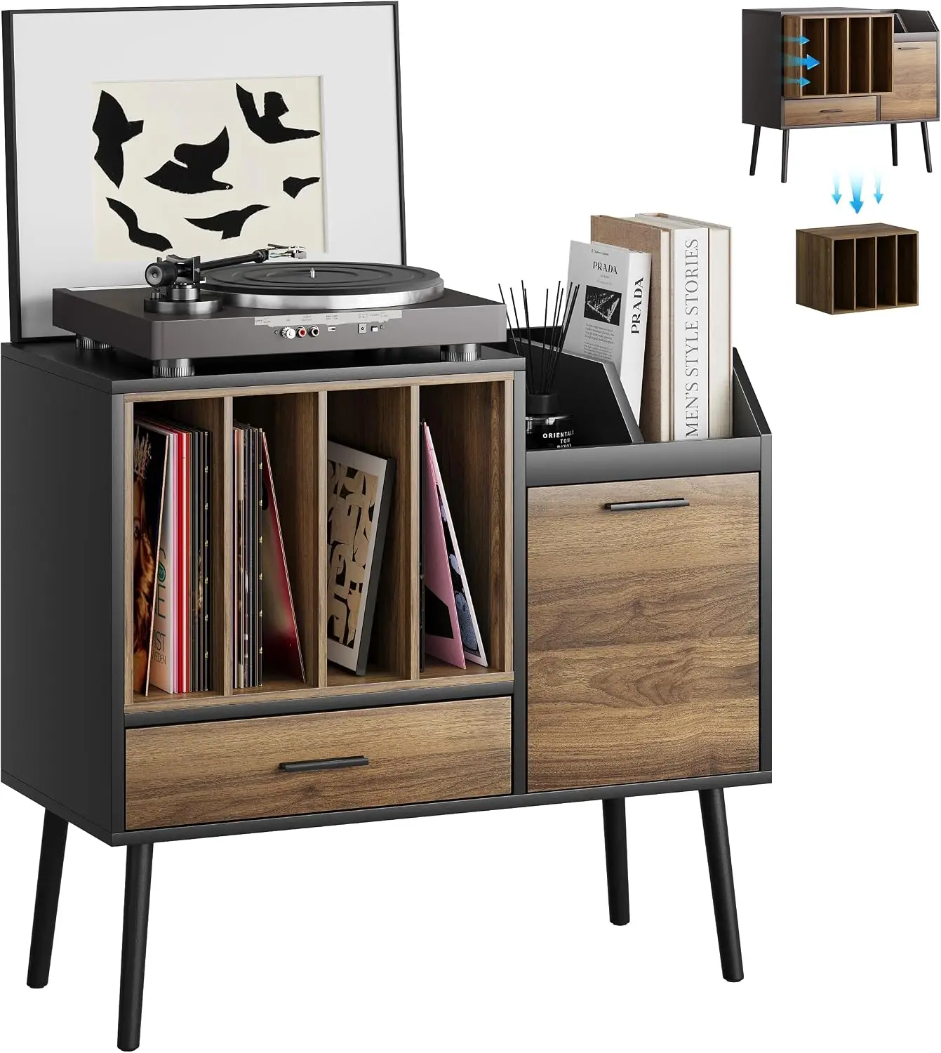 Record Player Stand with Nesting Vinyl Storage Crate, Record Player Table with a Drawer, a Cabinet, CDs Storage Area, Side End T