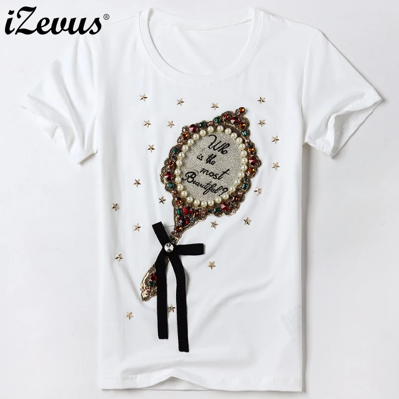 New women's embroidered mirror nailed bead short-sleeved T-shirt embroidered round-neck women's T-shirt high quality T-shirt