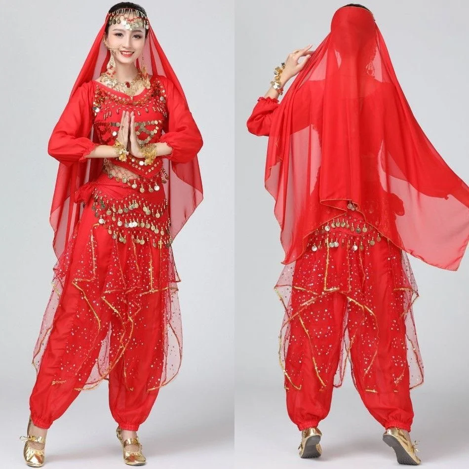 大人の光沢のあるベリーダンスセット、アラビアプリンセスコスチュームセット、3/5/9ピースセット、女性用スパンコールコスチュームセット、オリエンタルインドダンス