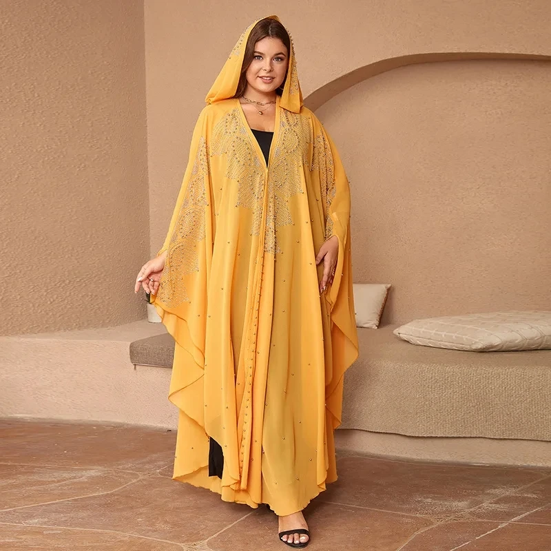 Plus Size Dresses for Women Muslim Long Sleeve V-neck Polyester Black Yellow White Maxi Dress Gowns Dubai Abaya Kaftan Dress