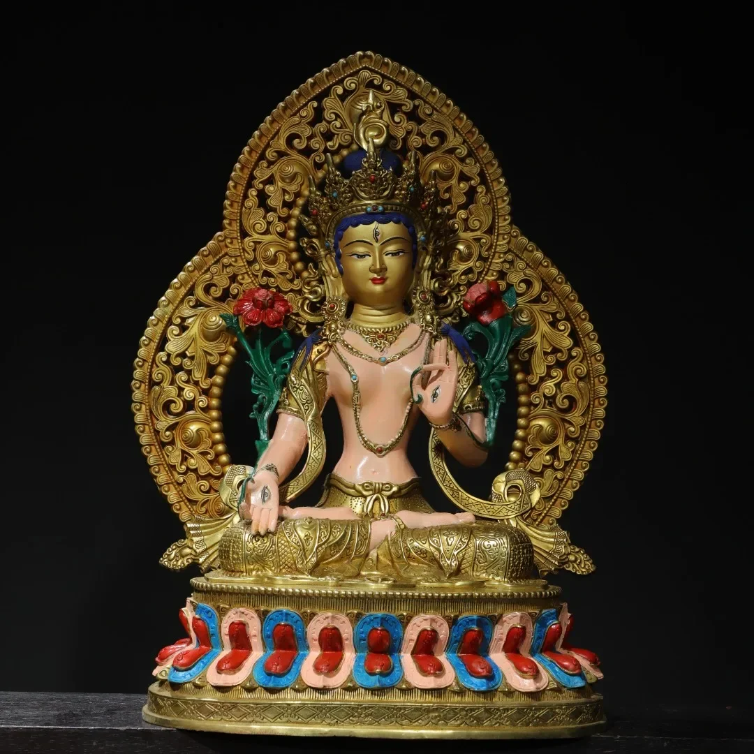 

20"Tibetan Temple Collection Old Bronze Gilded Painted White Tara Sitting Buddha Backlight Double Lotus Terrace Worship Hall