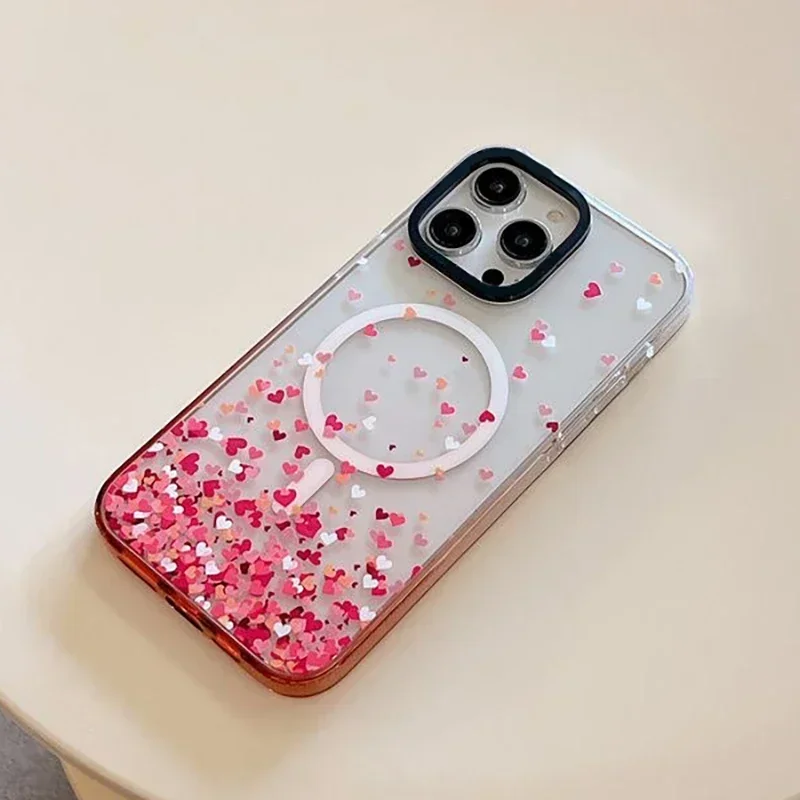 Pink Gradient Transparent Border Colorful Hearts Candies Pattern iPhone 13 14 15 Pro Max Protective Case