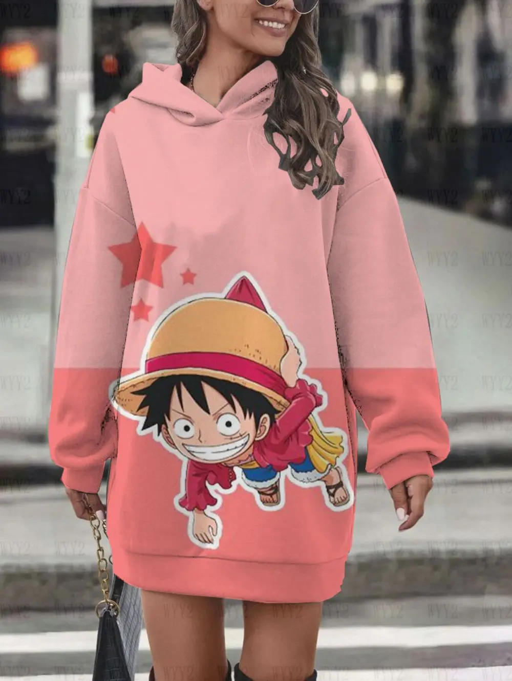 Luffy One Piece print contrast color warm long-sleeved hoodie hot-selling casual comfortable age-reducing women's clothing