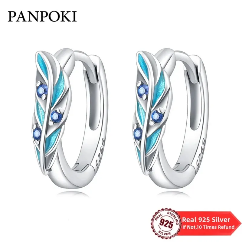 Real 100% 925 Sterling Silver Blue Feather Inlay Zircon Earrings Fine Jewelry Minimalist Small Stud Earrings For Women