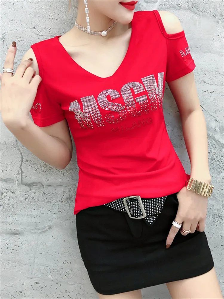 Camiseta Or Sve para mujer Verano 2024 Nueva camiseta de red con adorno de diamantes Oulder Baring Efecto adelgazante Street St...