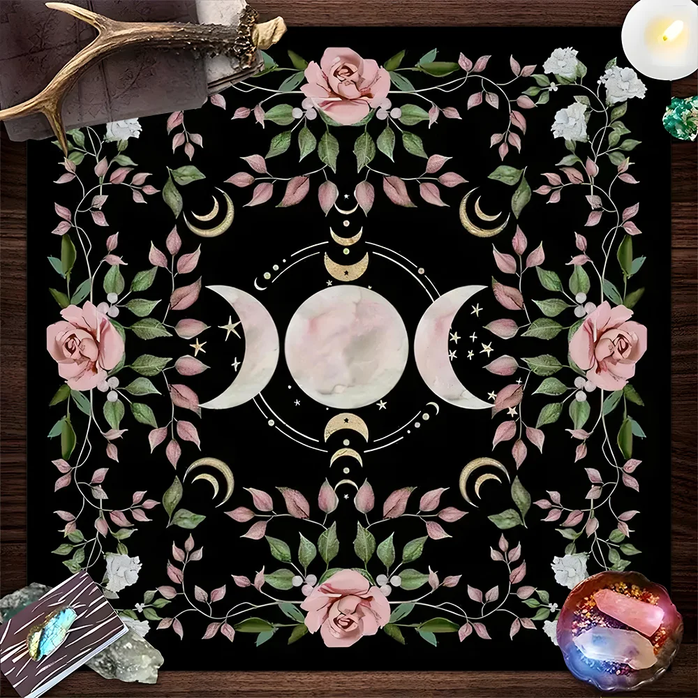 

Moon and Flowers Tarot Card Tablecloth Witchcraft Astrology Polyester Tarot Mat Witch Altar Cloth Divination Cloth Card Pad