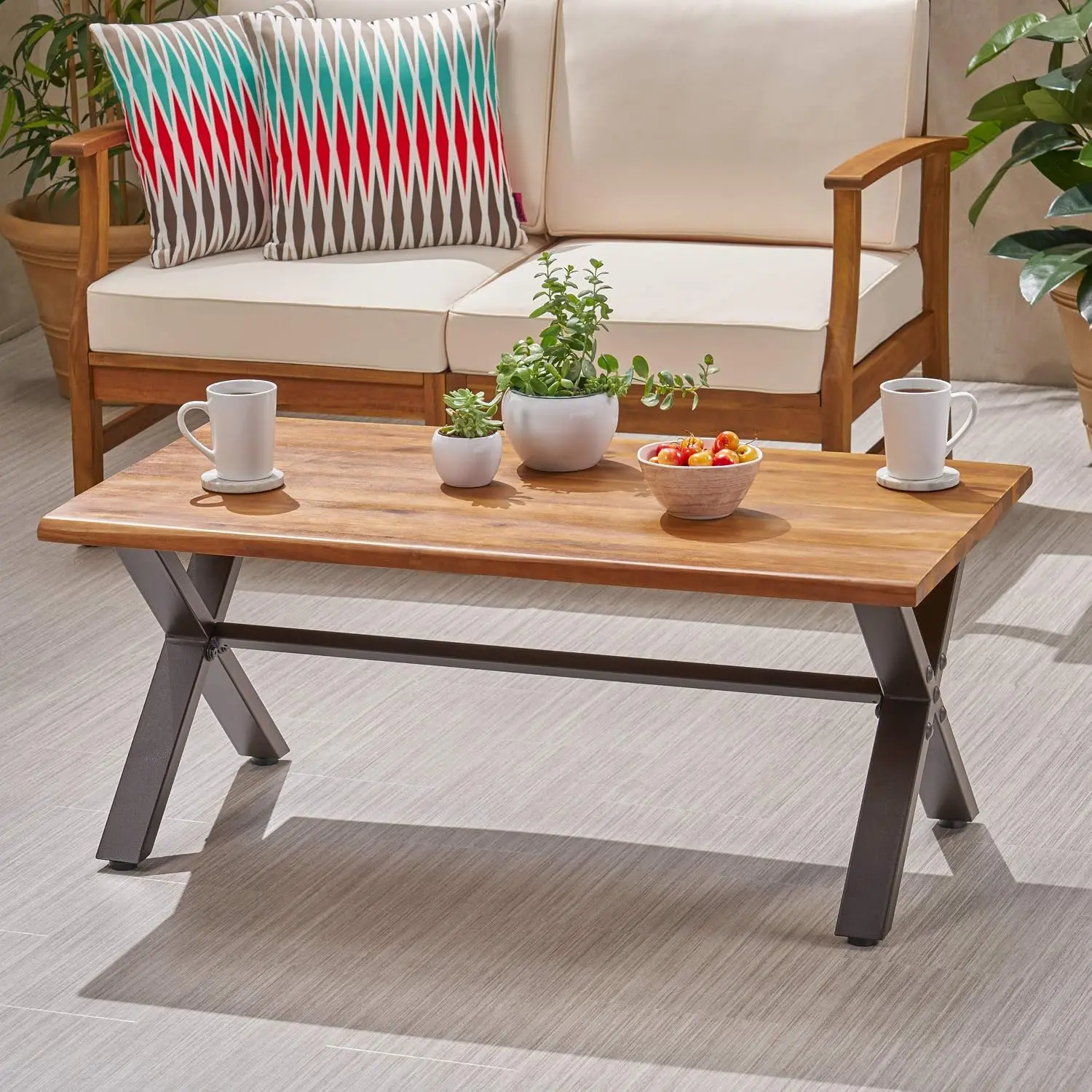Sanibel Outdoor Acacia Wood Coffee Table Teak Finish Rustic Metal Black Brown