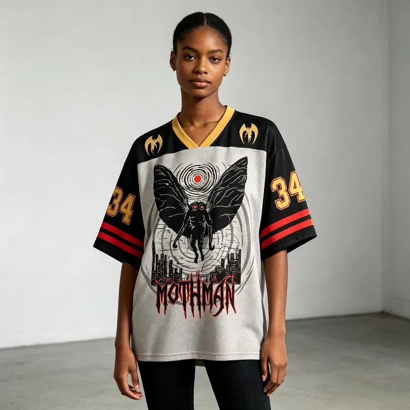 Mothman Cryptid Monster 3D All Over Print V‑Neck Jersey T‑Shirt Men Women Youth Punk Rock Streetwear Short Sleeve Hip‑Hop Tops