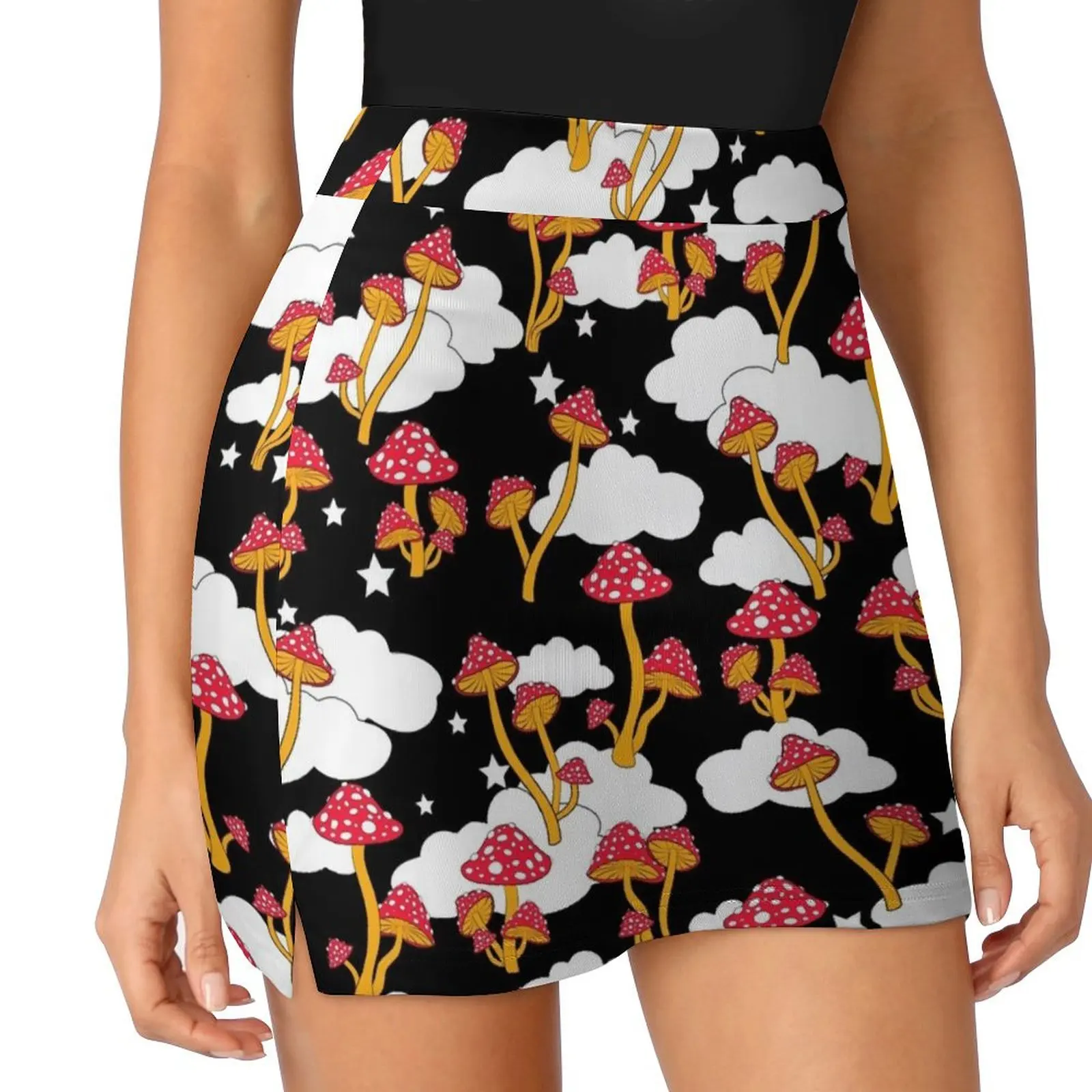 

Mushrooms and Clouds in Black Mini Skirt fairy core korean luxury clothing