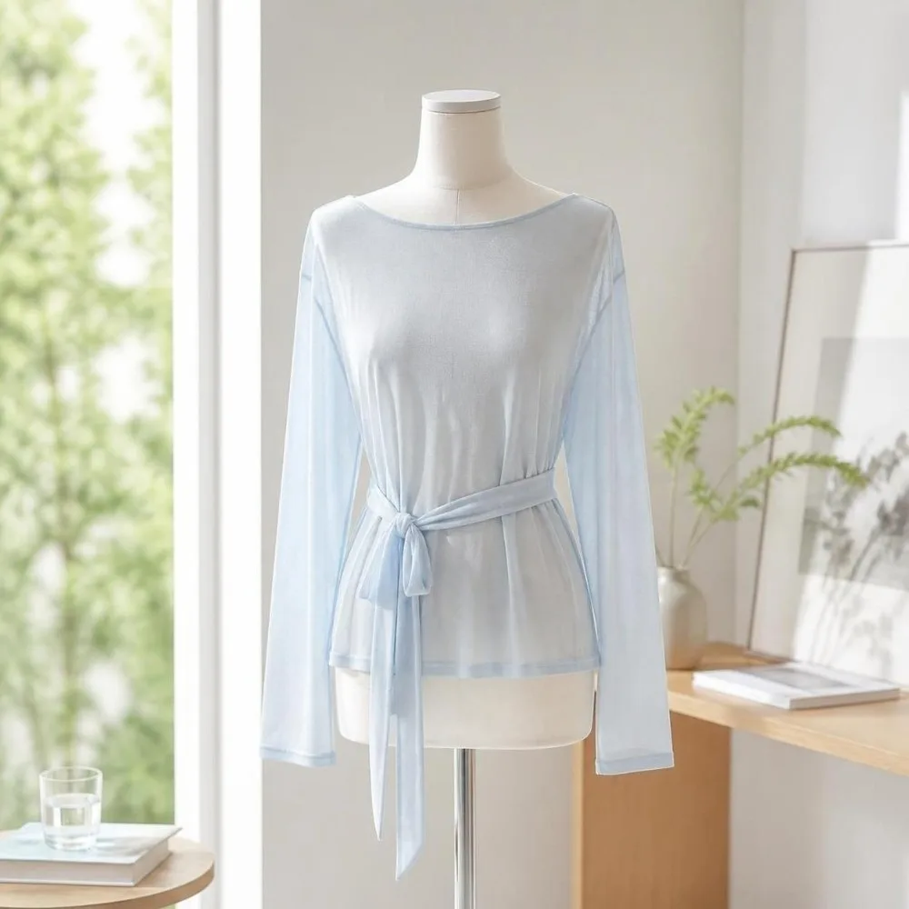 Koreanischer Stil, transparentes Langarm-T-Shirt, schulterfrei, locker geschnittenes, durchsichtiges Oberteil, hinten gebunden, Oversize-T-Shirt, lässig für den Alltag. – Detail 5