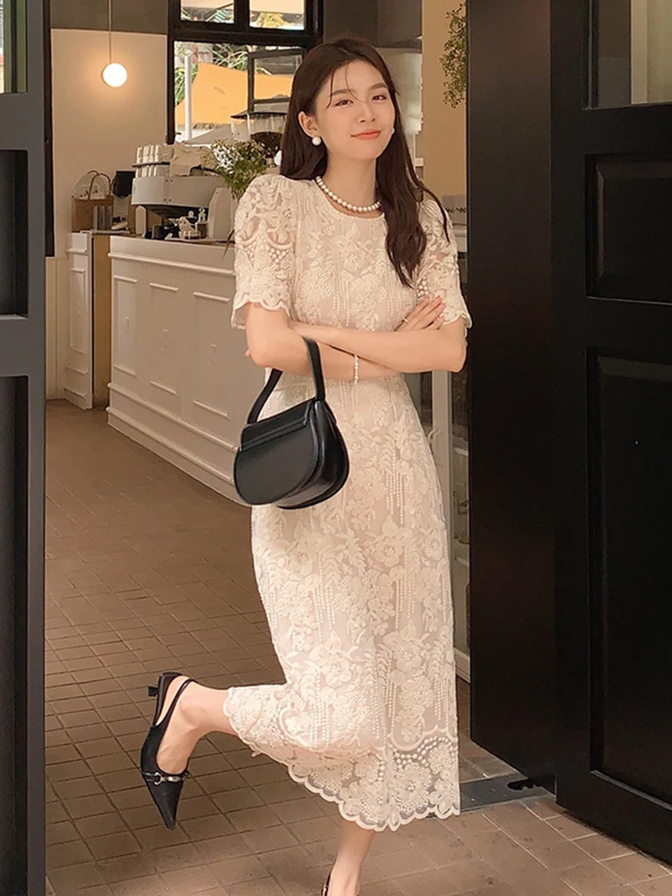 Elegant Kawaii ชุดยาวผู้หญิงสวย Retro SHEER ลูกไม้เย็บปักถักร้อยแขนฟองผ้าพันคอ MIDI Robe วันที่ Vestidos วันหยุดเสื้อผ้า