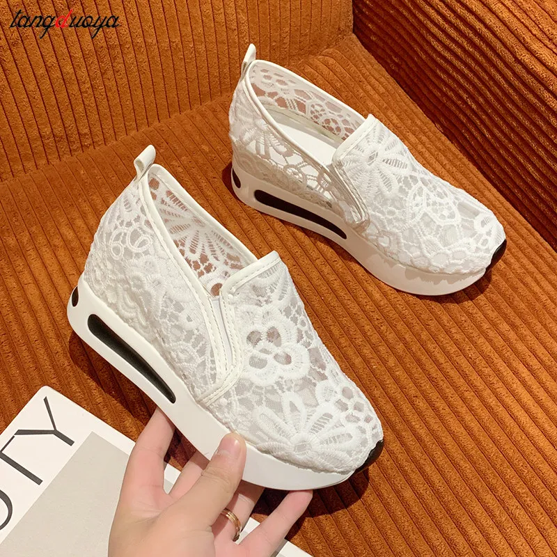 Lace Women Shoes 2024 Spring Summer Wedges Shoes for Women Black White Breathable Lace Flower Sneakers Women Loafers White