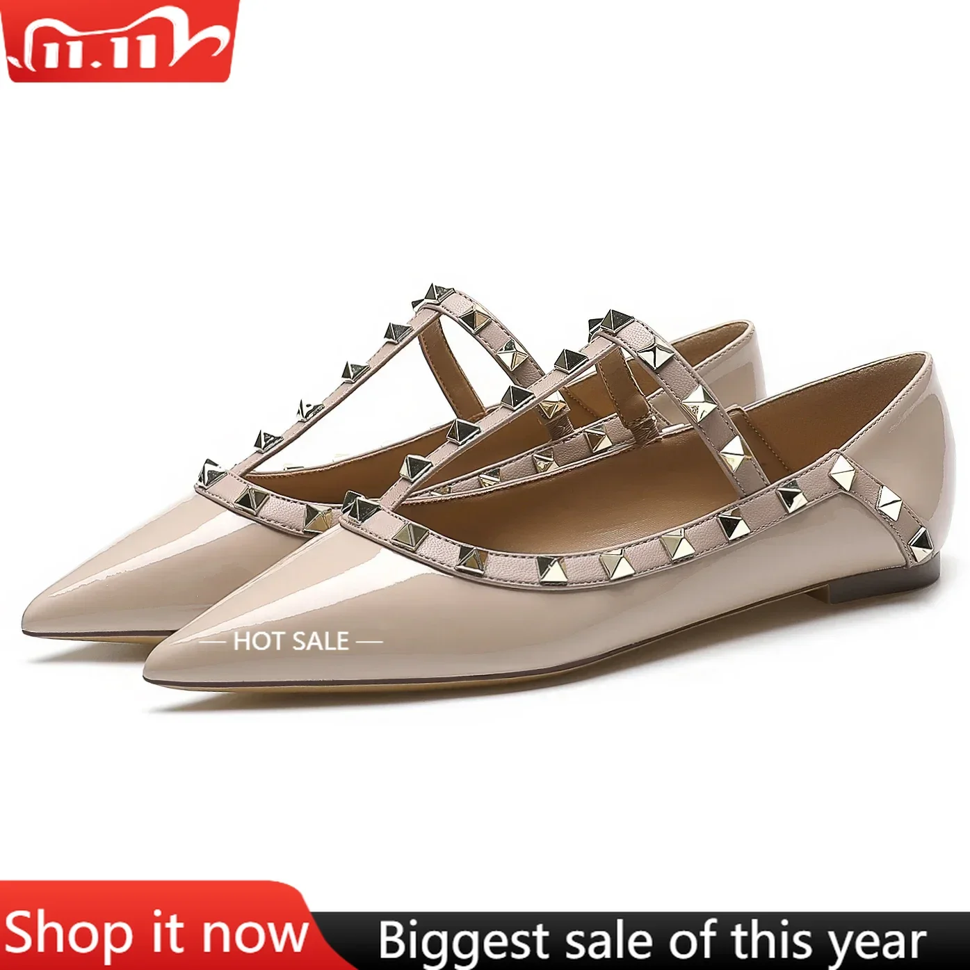 

【Measure your feet length before order】Luxry Designer Women Ballet Flat Pump Rivet T Strap Pointy Toe Party Dress Shoe 97-CHC-33
