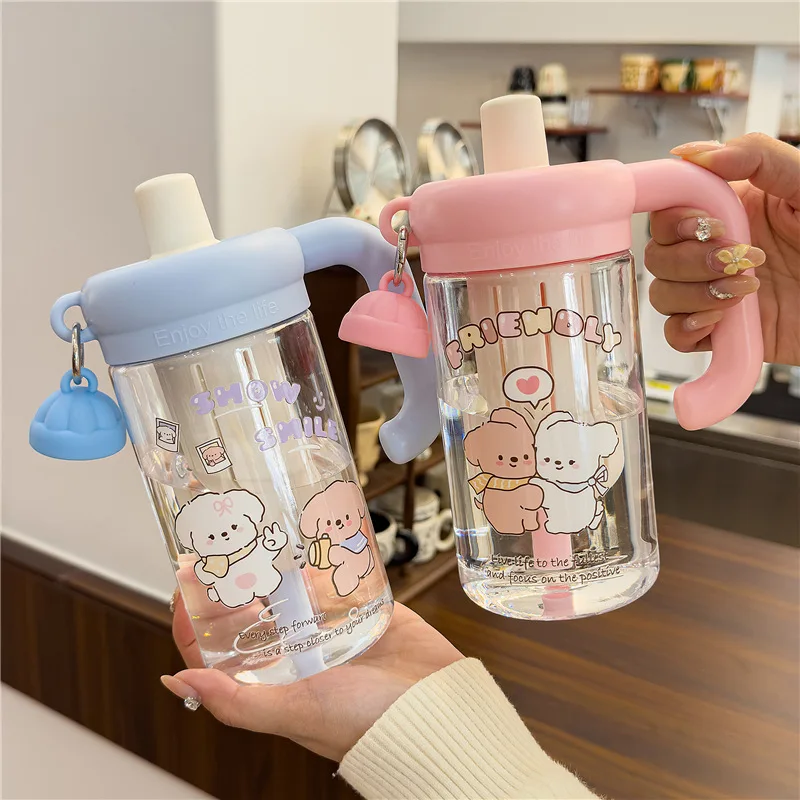2026 Student Plastic Cup Cute Cartoon Straw Water Cup Large Capacity High Appearance for Girls Summer Cup with Handle