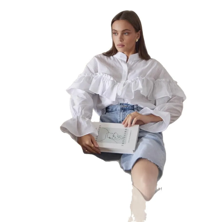 2025 Nieuwe Mode Ruche Button-down Shirt Vrouwen Zomer Casual Losse Effen Kleur V-hals Thuis Lange mouwen Top voor Vrouwen