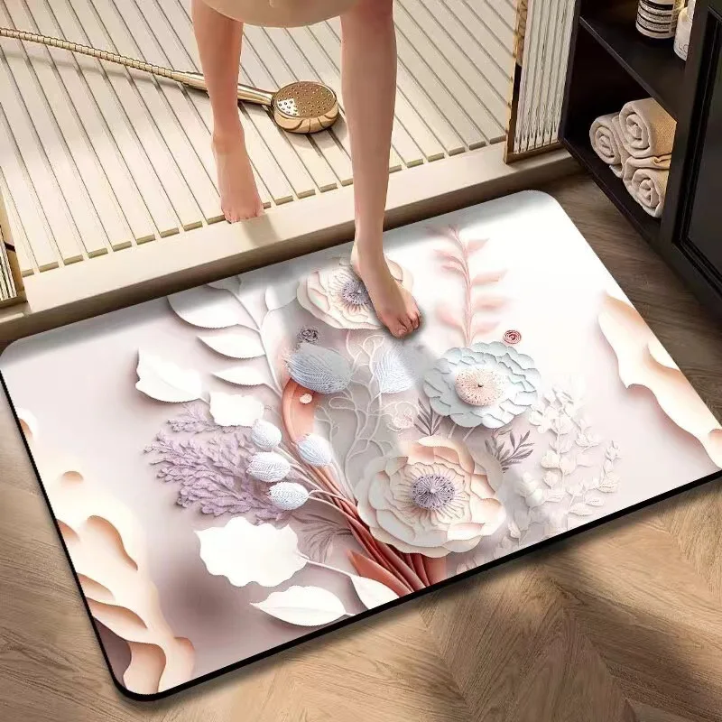 3D Painted Floral Oil Painting Diatomite Floor Mat Anti-slip Anti-fouling Carpet Bathroom Entrance Doormat