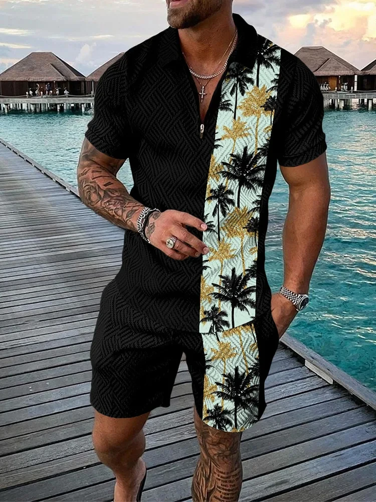 Hawaiian Coconut Tree 3D Print Men\'s Zipper Collar Tracksuit Summer Trend Polo Shirt Shorts 2pcs Sets Men\'s Streetwear Set