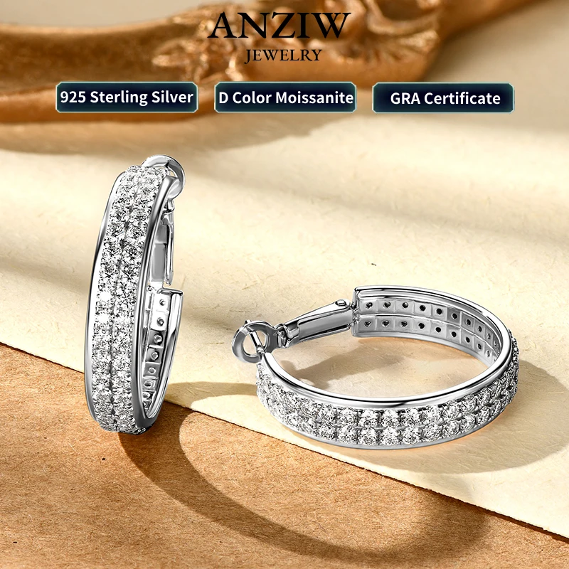 Anziw Real S925 Silver Full D Moissanite Earrings 2025 Fashion Sparking Hoop Clip Earrings GRA Certified Gift for Women Korean