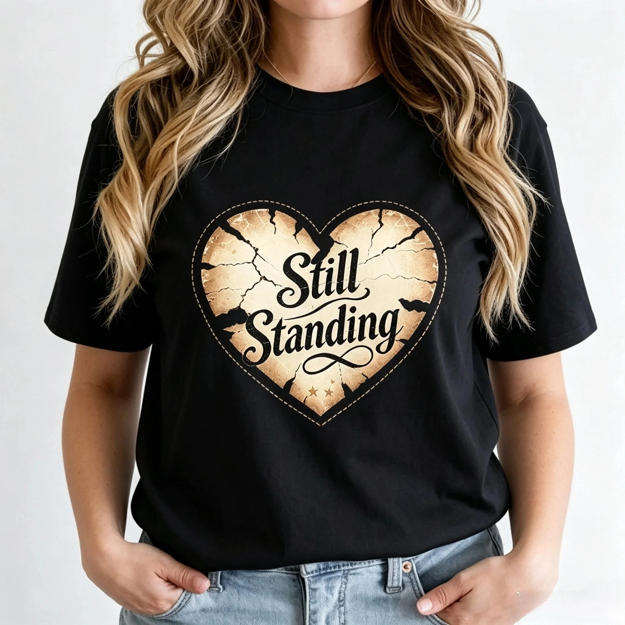 Women's Still Standing Cracked Vintage Heart Quote Graphic T Shirt Inspirational Retro Short Sleeve Casual Tee