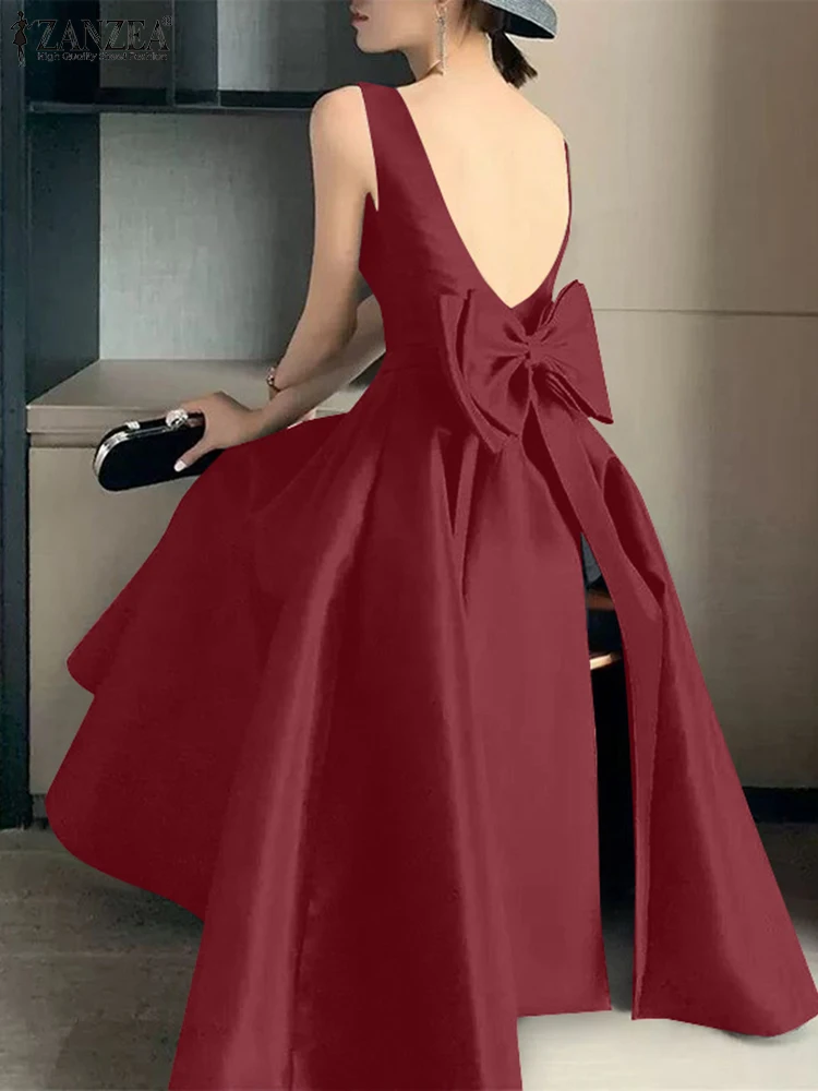 

ZANZEA Summer Long Dress Women Sundress 2025 Fashion Sleeveless Satin Silk Tank Vestido Back Bow Sexy Party Evening Elegant Robe
