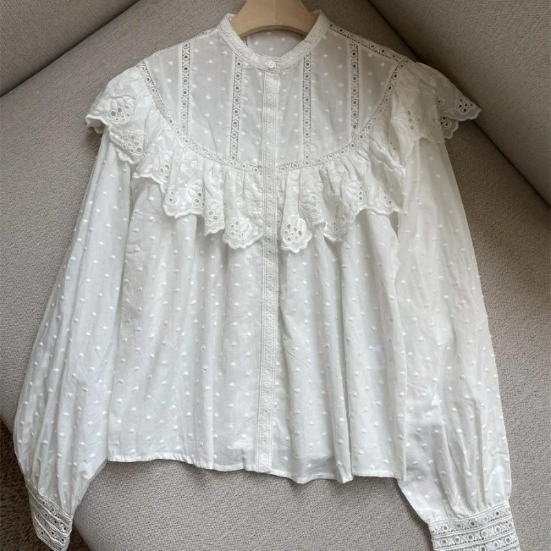 

2024 Women Autumn Single-row Concealed Button Long Sleeve Lantern Sleeve White Cotton Ruffled Hollow Embroidered Shirt