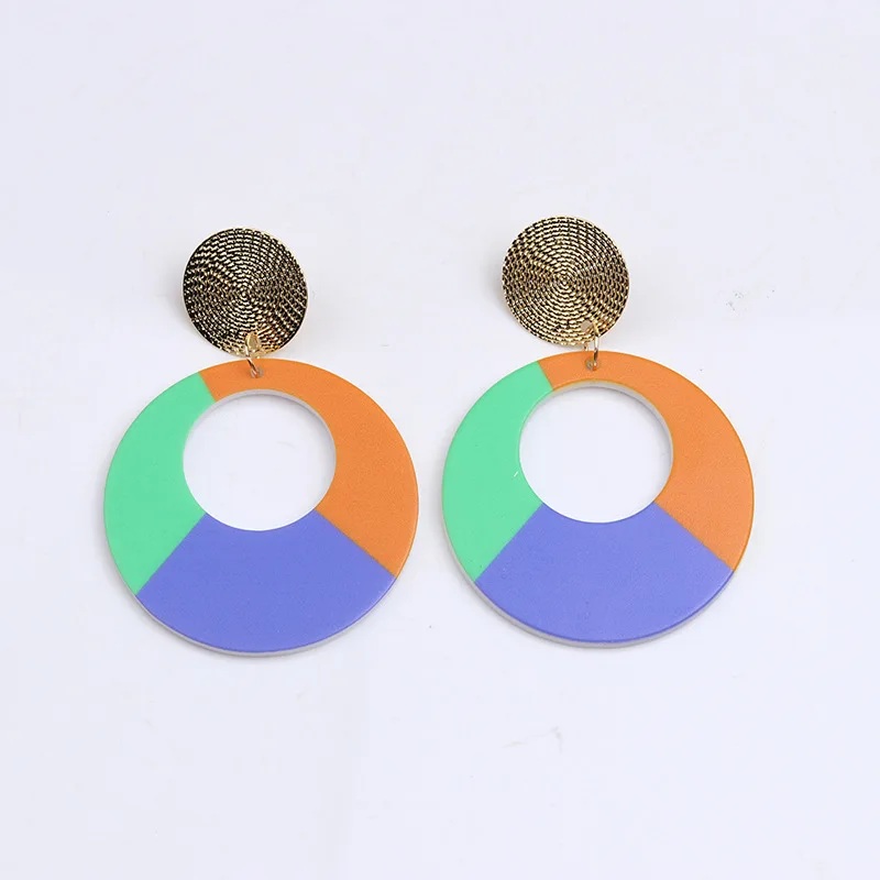 New Bohemian Circle Hollow Out Ear Stud Earring Contrast Color Block Printing Earrings Popular Simple Fashion Acrylic Earring