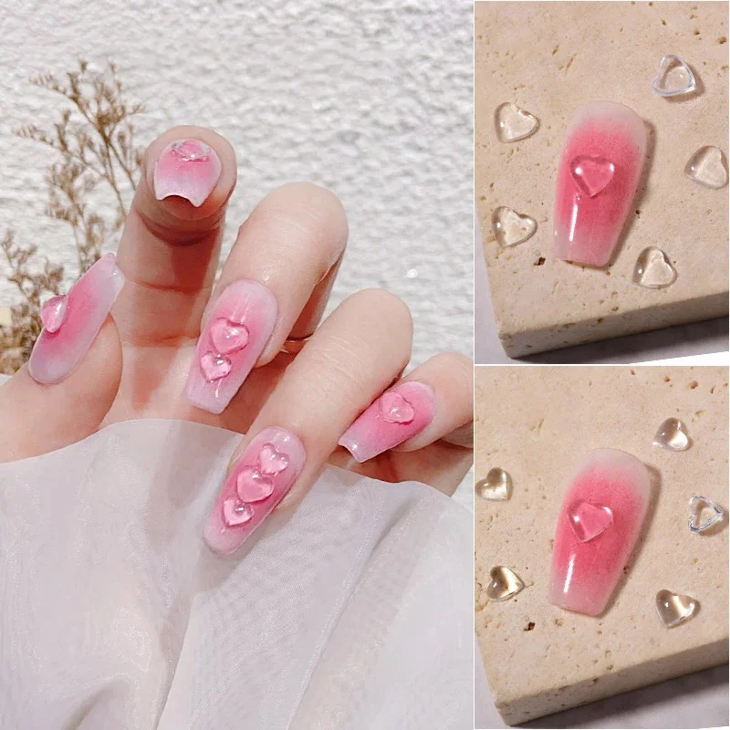 100pcs 4/6/8mm 3D Transparent Love Heart Crystal Nail Art Decoration Clear Resin Nail Charms Jelly Blush Effect Jewelry Manicure